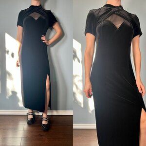 Vintage 90s Velvet Dress, 1990s Black Sheer Slit Velour Maxi Dress
